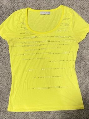 Harbor Y2K Yellow Rhinestone Embellished Scoop Neck Tee Small